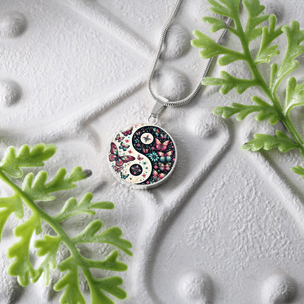 Pink Butterflies Yin Yang Luxury Graphic Circle Necklace