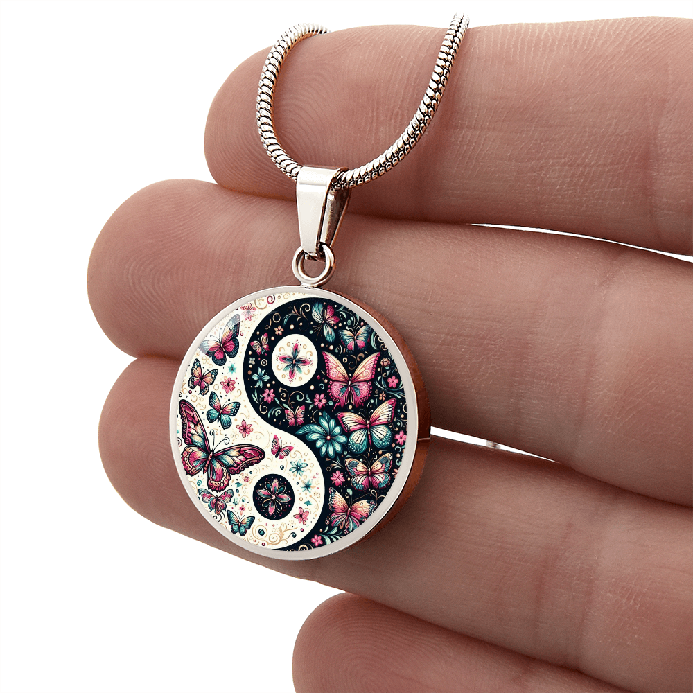 Pink Butterflies Yin Yang Luxury Graphic Circle Necklace