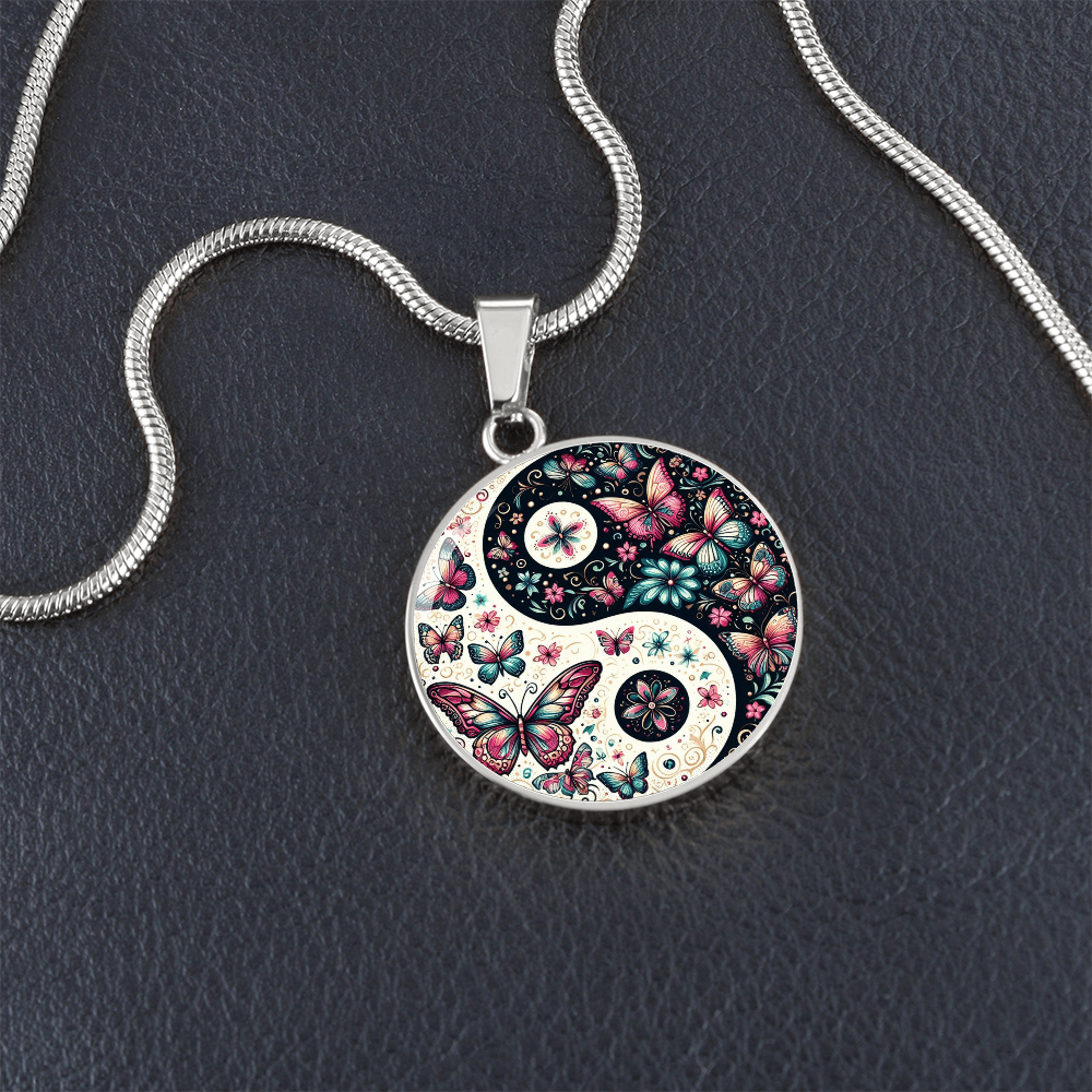 Pink Butterflies Yin Yang Luxury Graphic Circle Necklace