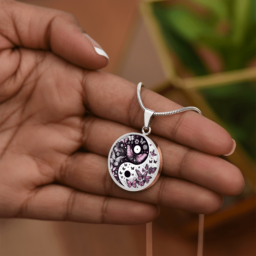 Yin Yang with violet butterflies Luxury Graphic Circle Necklace
