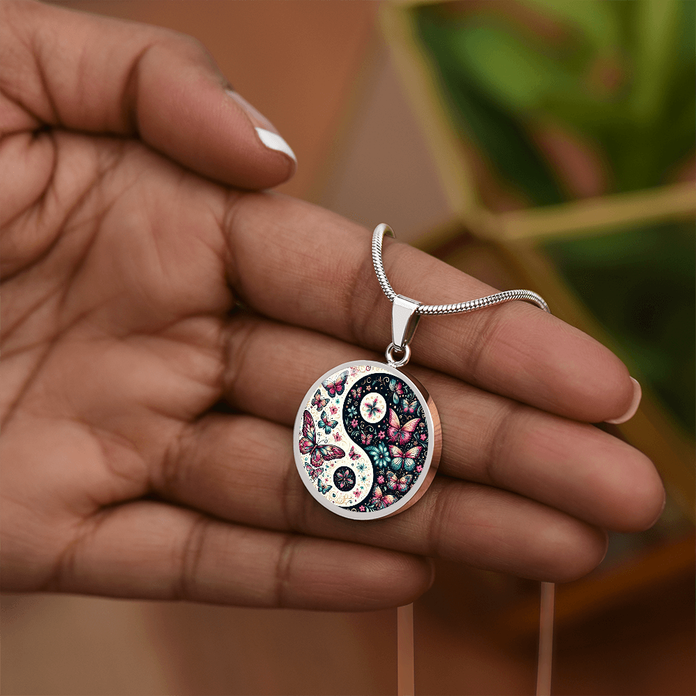 Pink Butterflies Yin Yang Luxury Graphic Circle Necklace