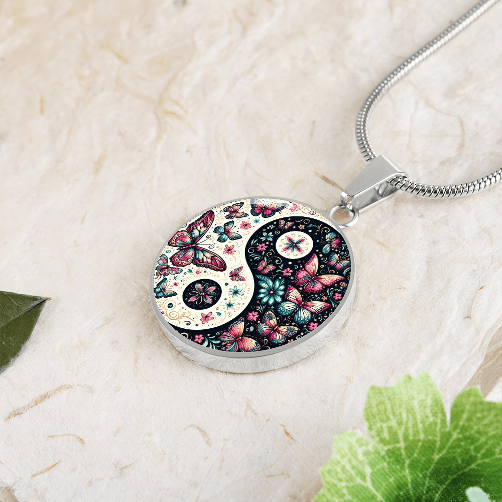 Pink Butterflies Yin Yang Luxury Graphic Circle Necklace