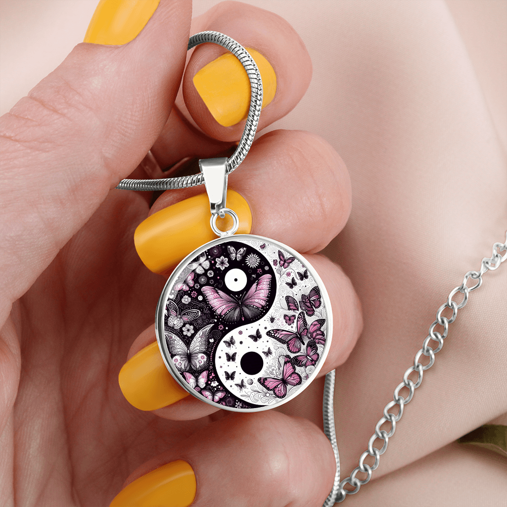 Yin Yang with violet butterflies Luxury Graphic Circle Necklace