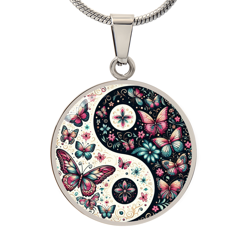 Pink Butterflies Yin Yang Luxury Graphic Circle Necklace