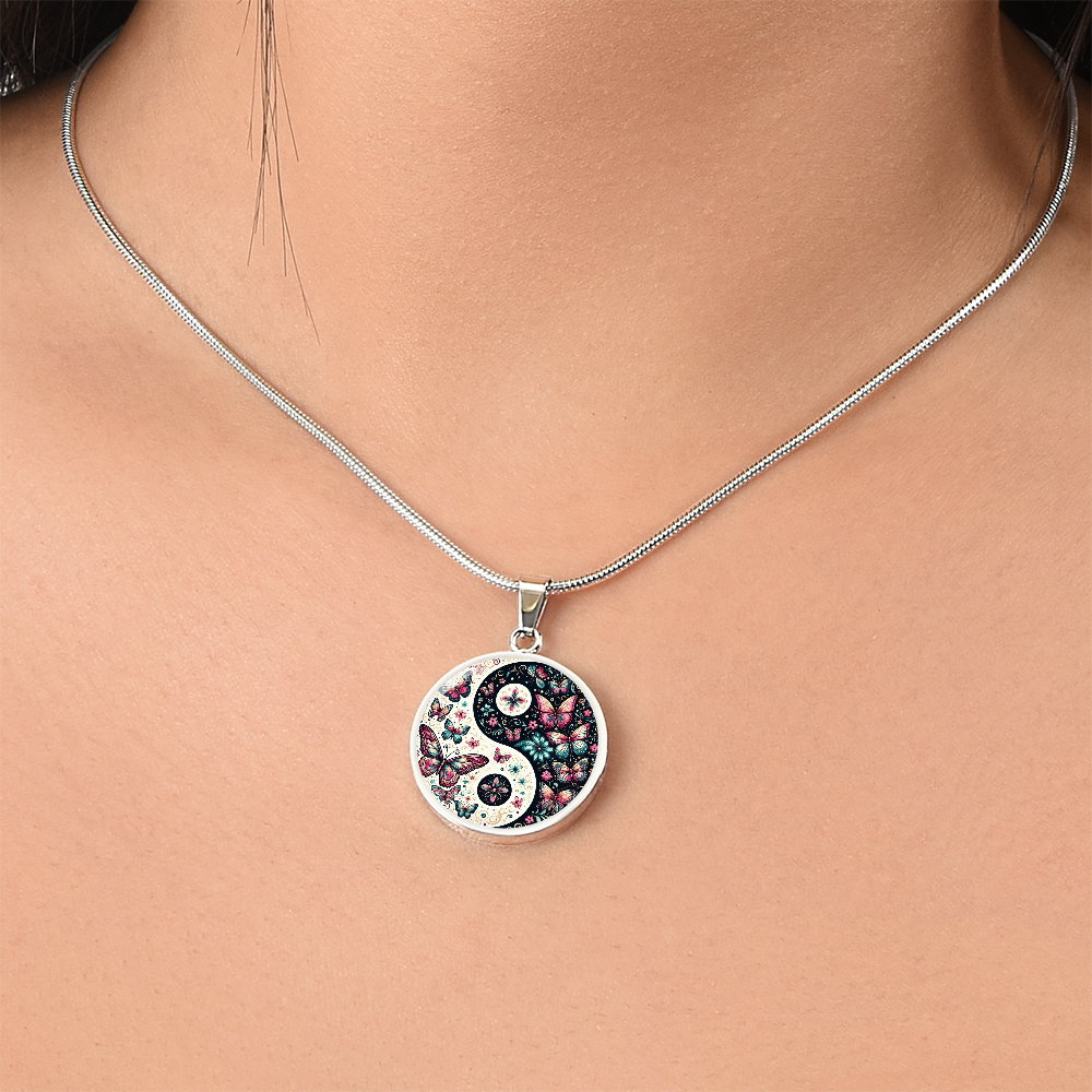 Pink Butterflies Yin Yang Luxury Graphic Circle Necklace