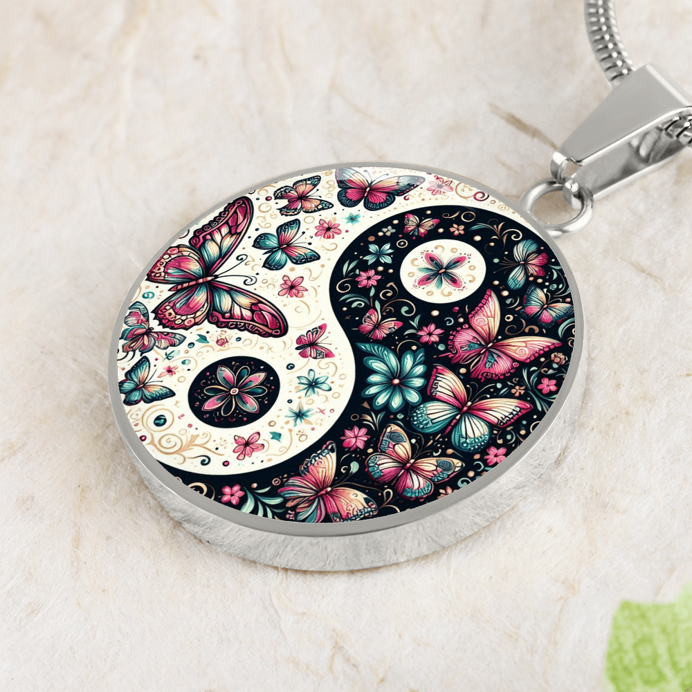 Pink Butterflies Yin Yang Luxury Graphic Circle Necklace