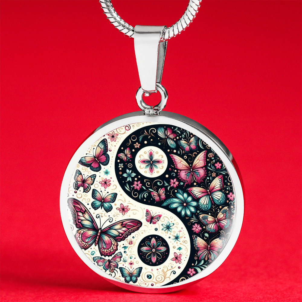 Pink Butterflies Yin Yang Luxury Graphic Circle Necklace