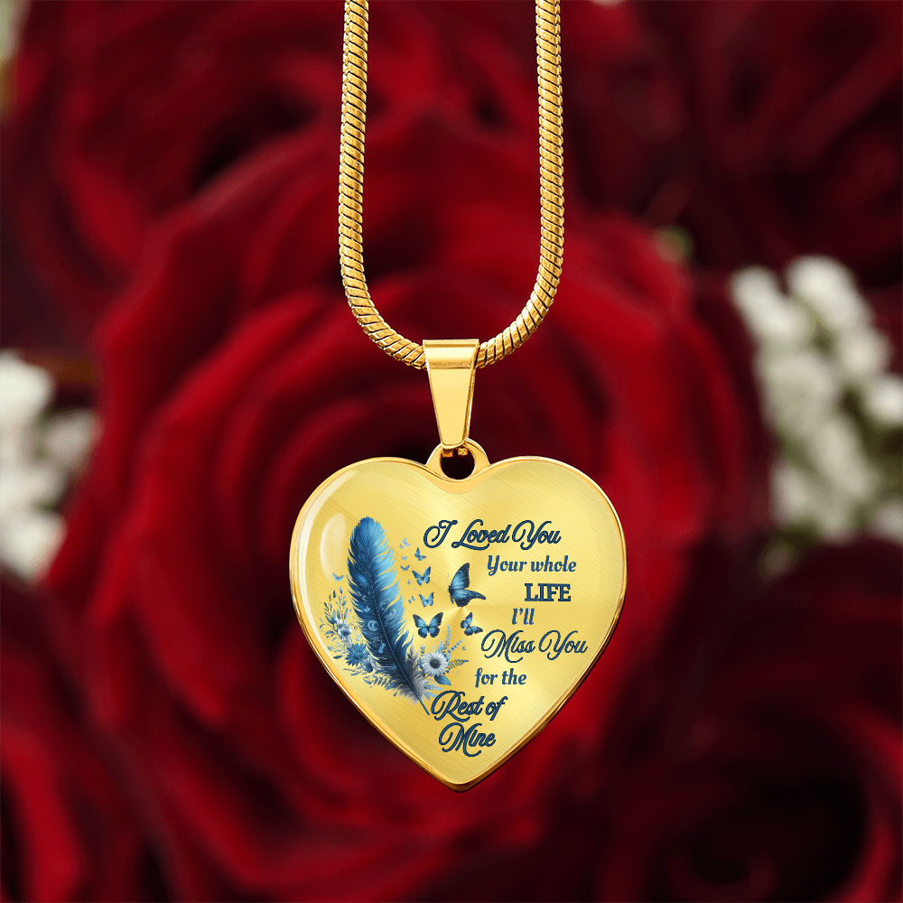 Blue Feather Heart-shaped Memorial Necklace - Engraved Letter Detail Pendant, A Symbol of Enduring Love and Missed Memories, Perfect Thoughtful Gift for Sympathy and Remembrance