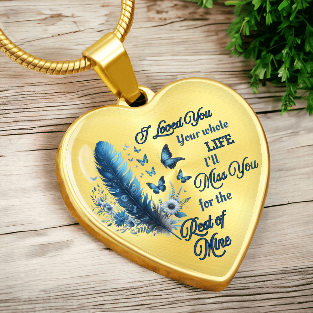 Blue Feather Heart-shaped Memorial Necklace - Engraved Letter Detail Pendant, A Symbol of Enduring Love and Missed Memories, Perfect Thoughtful Gift for Sympathy and Remembrance