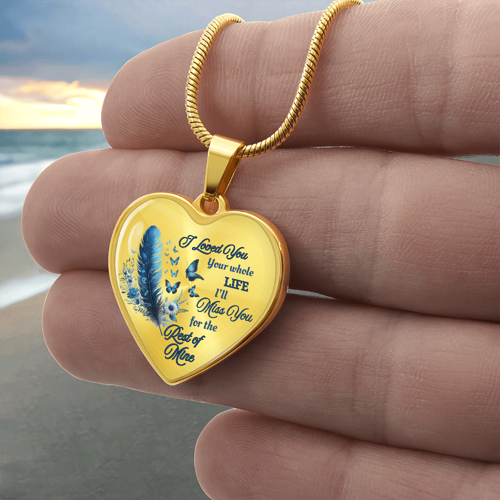 Blue Feather Heart-shaped Memorial Necklace - Engraved Letter Detail Pendant, A Symbol of Enduring Love and Missed Memories, Perfect Thoughtful Gift for Sympathy and Remembrance