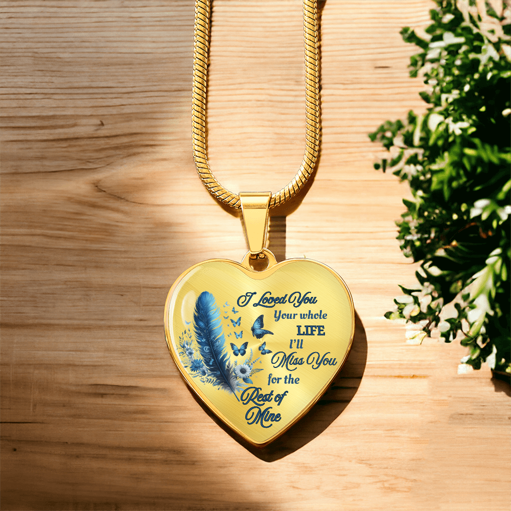 Blue Feather Heart-shaped Memorial Necklace - Engraved Letter Detail Pendant, A Symbol of Enduring Love and Missed Memories, Perfect Thoughtful Gift for Sympathy and Remembrance
