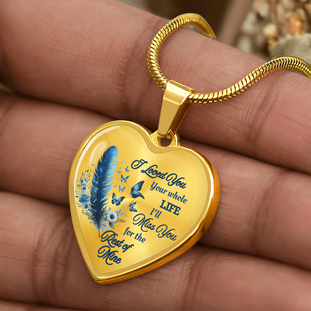 Blue Feather Heart-shaped Memorial Necklace - Engraved Letter Detail Pendant, A Symbol of Enduring Love and Missed Memories, Perfect Thoughtful Gift for Sympathy and Remembrance