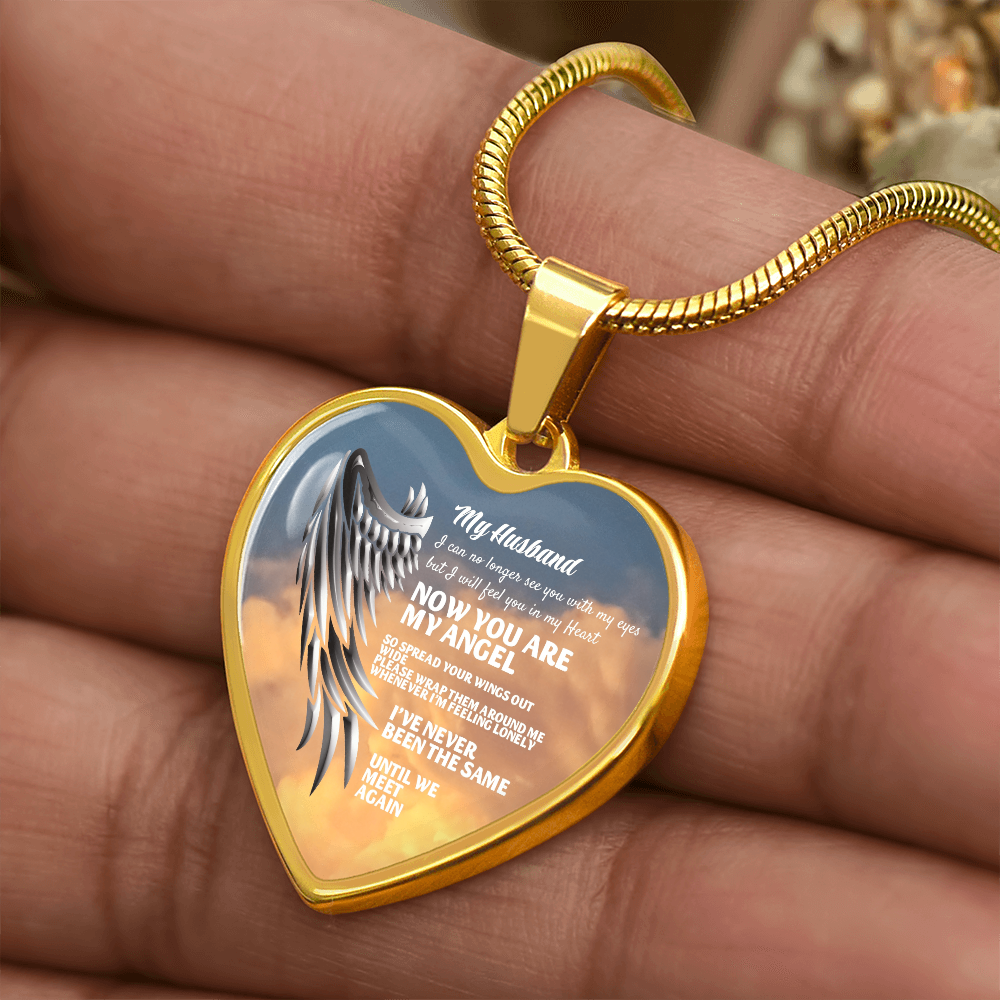 My Husband Now You Are My Angel Necklace, Heart Pendant Tribute, Memorial Jewelry, Keepsake Gift for Wife