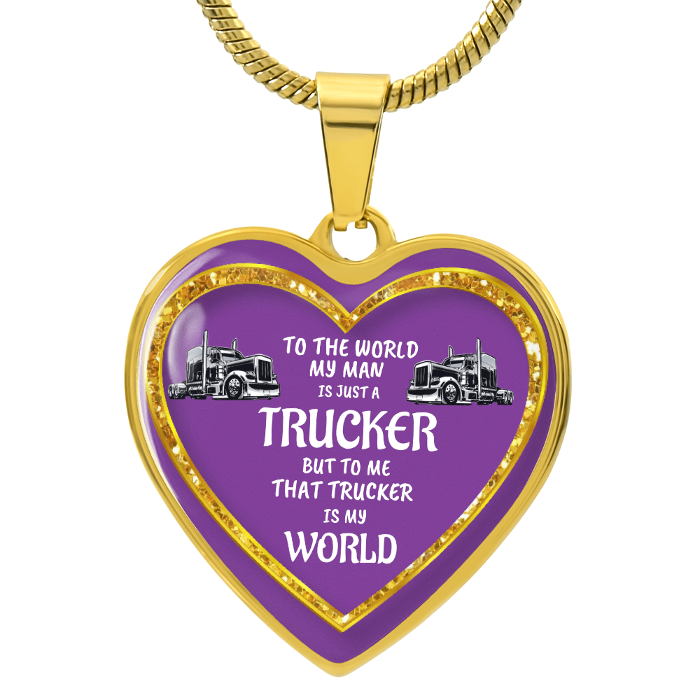 Heart-shaped pendant necklace with purple filling and gold border featuring trucker design and text.