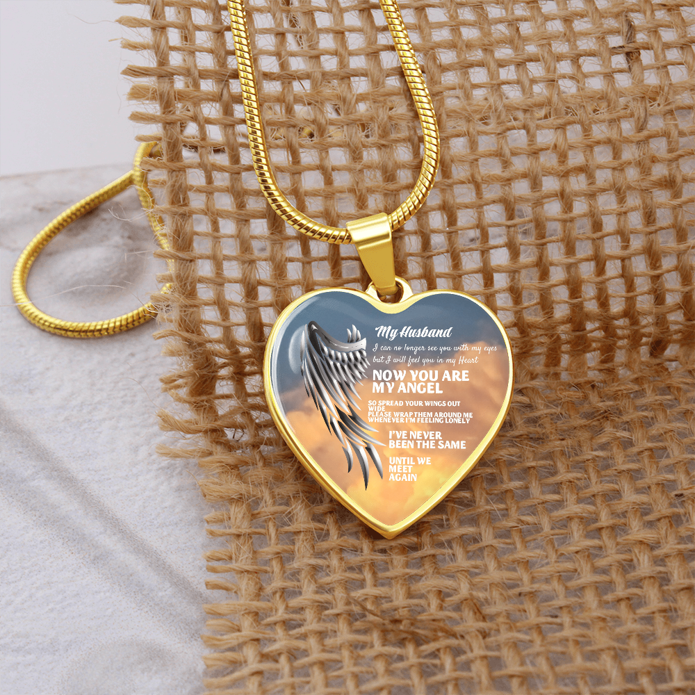 My Husband Now You Are My Angel Necklace, Heart Pendant Tribute, Memorial Jewelry, Keepsake Gift for Wife