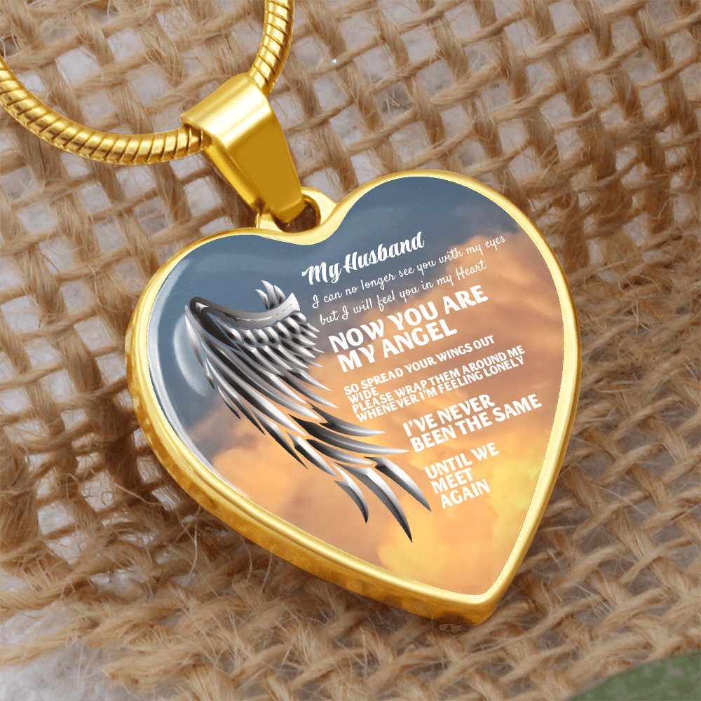 My Husband Now You Are My Angel Necklace, Heart Pendant Tribute, Memorial Jewelry, Keepsake Gift for Wife