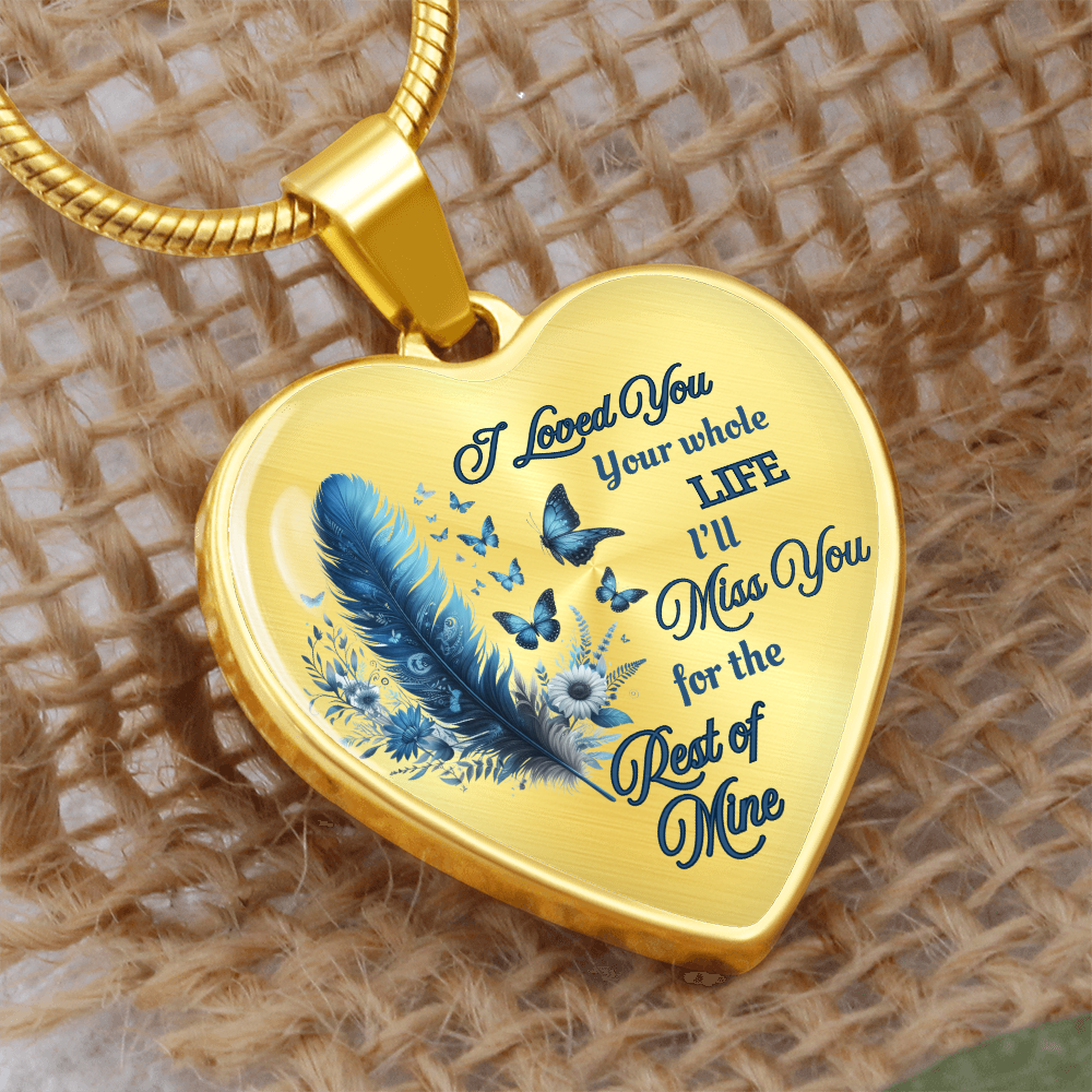 Blue Feather Heart-shaped Memorial Necklace - Engraved Letter Detail Pendant, A Symbol of Enduring Love and Missed Memories, Perfect Thoughtful Gift for Sympathy and Remembrance
