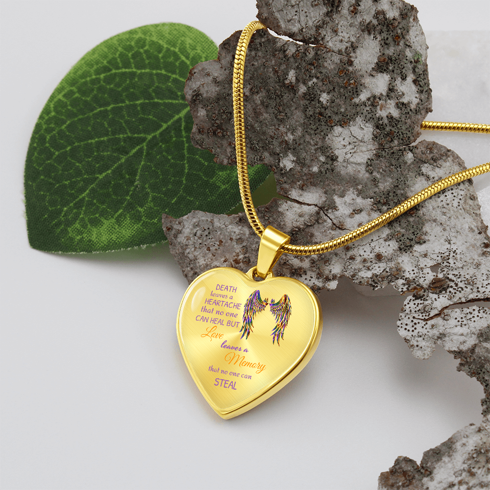 Gold heart pendant necklace with angel wing illustration and quote.