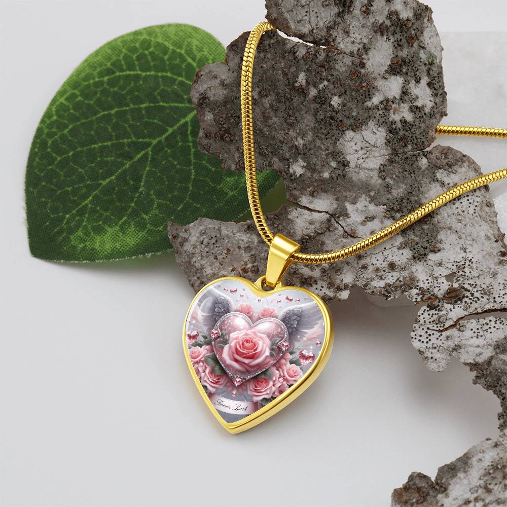 Luxury Graphic Heart Necklace Forever Love Pink Rose Angel Wings