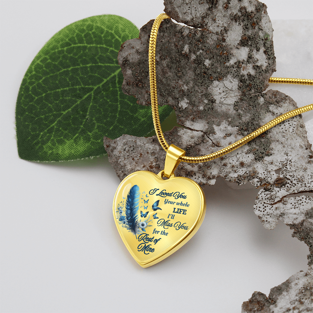 Blue Feather Heart-shaped Memorial Necklace - Engraved Letter Detail Pendant, A Symbol of Enduring Love and Missed Memories, Perfect Thoughtful Gift for Sympathy and Remembrance