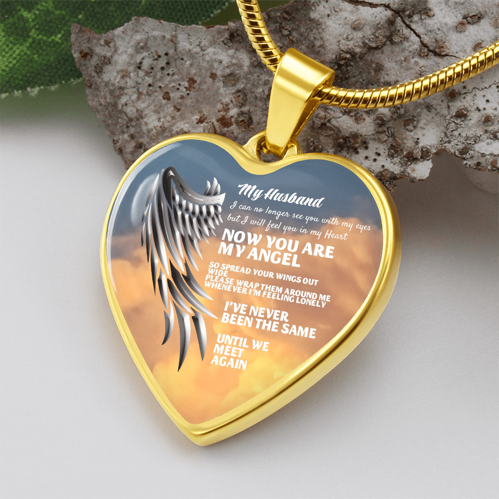 My Husband Now You Are My Angel Necklace, Heart Pendant Tribute, Memorial Jewelry, Keepsake Gift for Wife