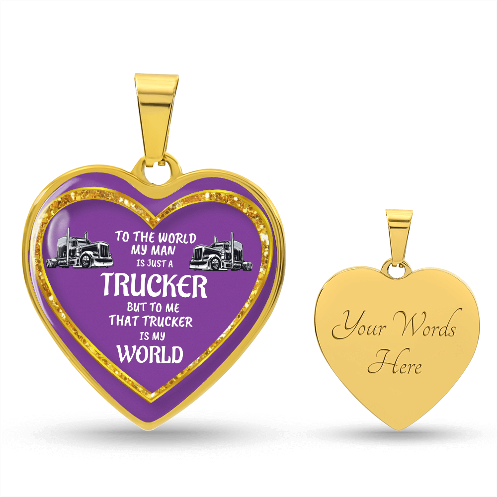 Here is a short description of the image:
Gold heart-shaped pendants, one purple with text, one blank.