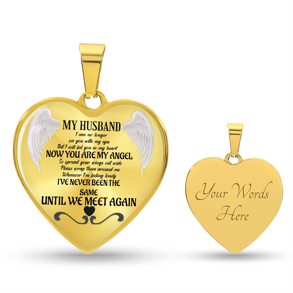 Gold heart-shaped necklace with angel wings and love memorial text on front, customizable engraving on back.