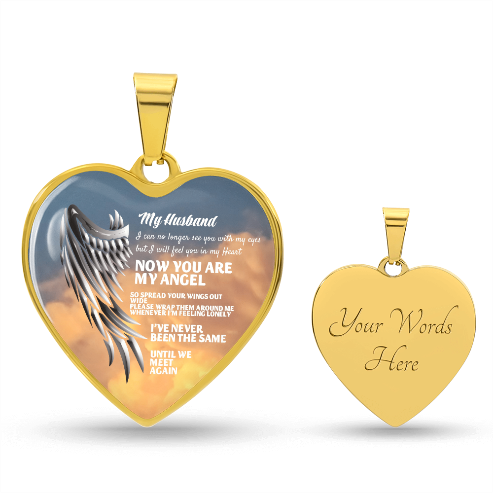 My Husband Now You Are My Angel Necklace, Heart Pendant Tribute, Memorial Jewelry, Keepsake Gift for Wife