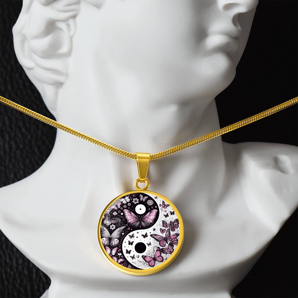 Yin Yang with violet butterflies Luxury Graphic Circle Necklace