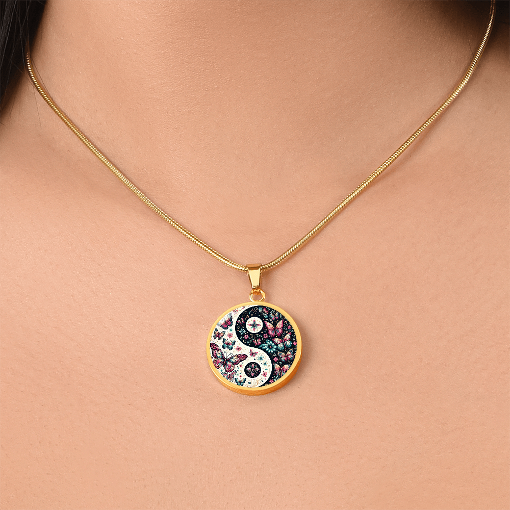 Pink Butterflies Yin Yang Luxury Graphic Circle Necklace