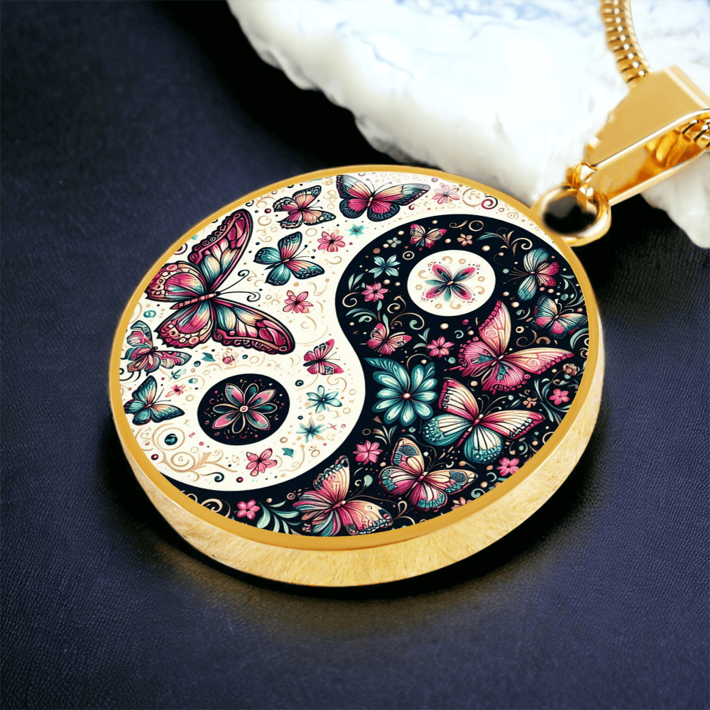 Pink Butterflies Yin Yang Luxury Graphic Circle Necklace