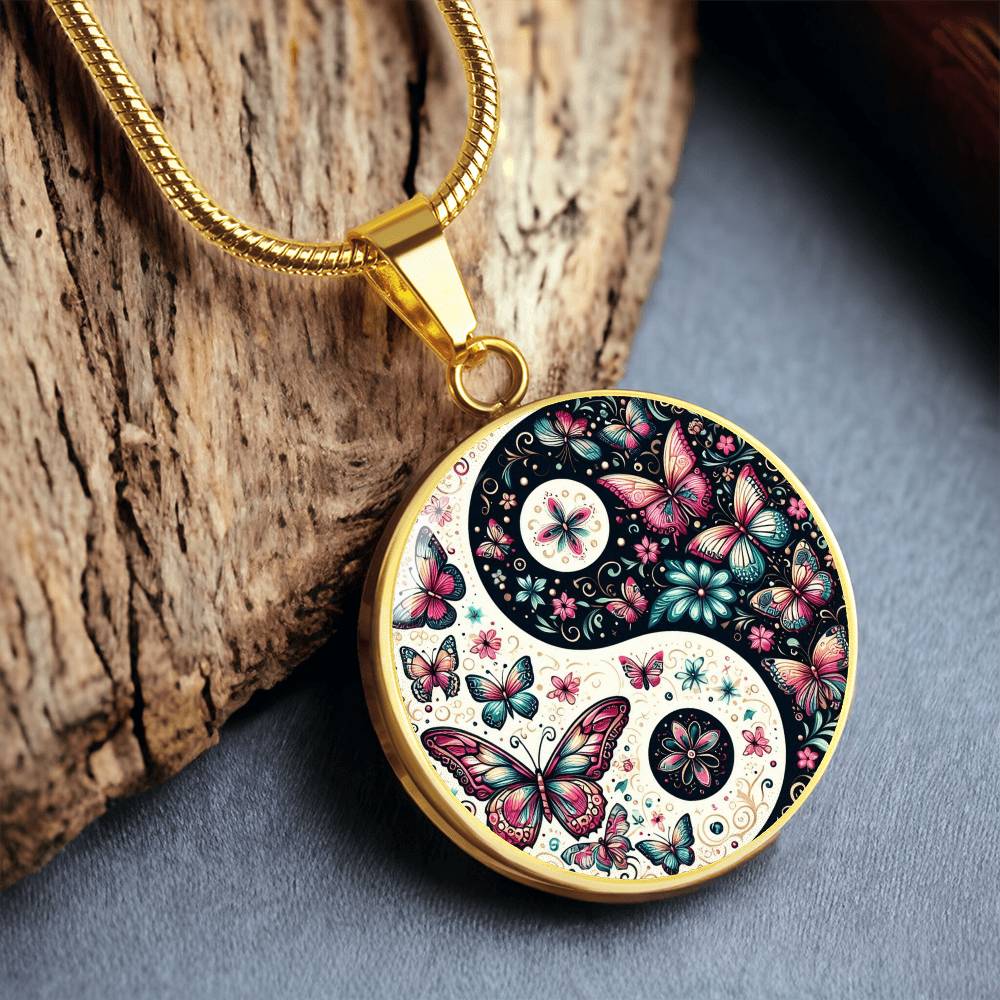 Pink Butterflies Yin Yang Luxury Graphic Circle Necklace