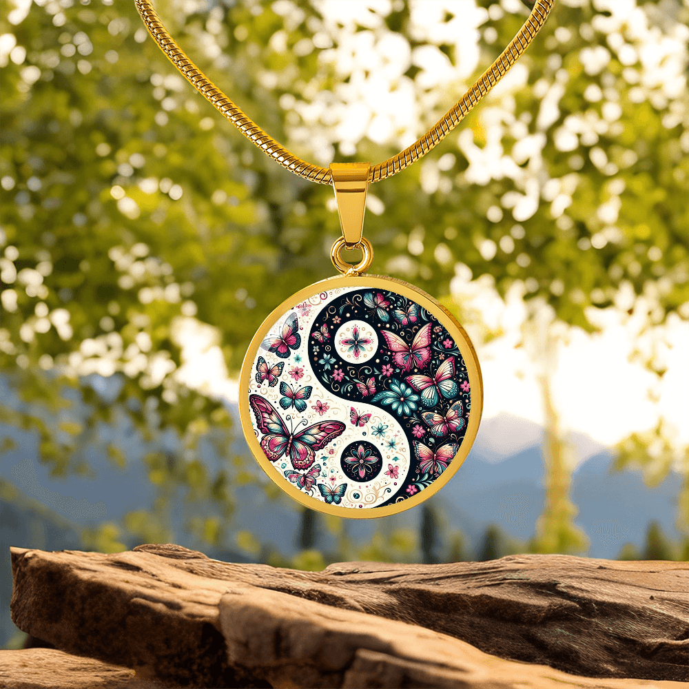 Pink Butterflies Yin Yang Luxury Graphic Circle Necklace