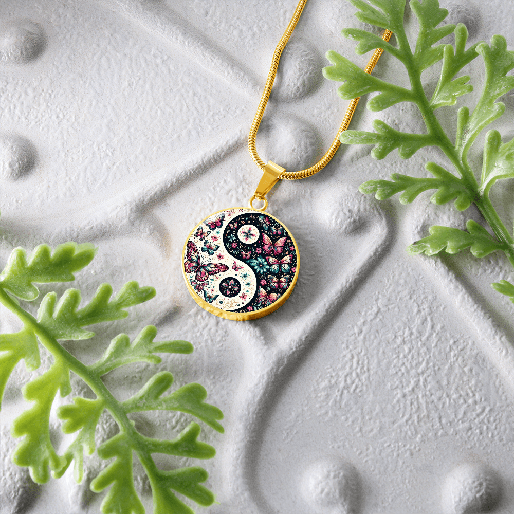 Pink Butterflies Yin Yang Luxury Graphic Circle Necklace