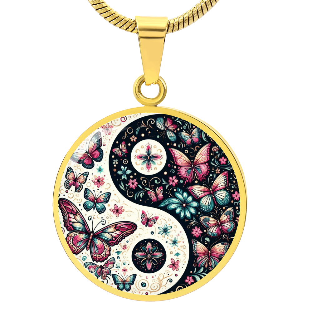 Pink Butterflies Yin Yang Luxury Graphic Circle Necklace