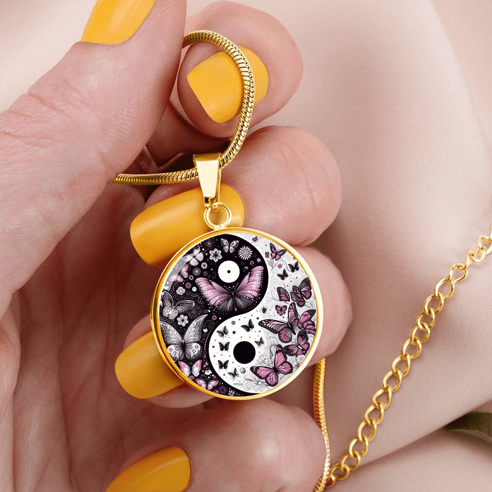 Yin Yang with violet butterflies Luxury Graphic Circle Necklace