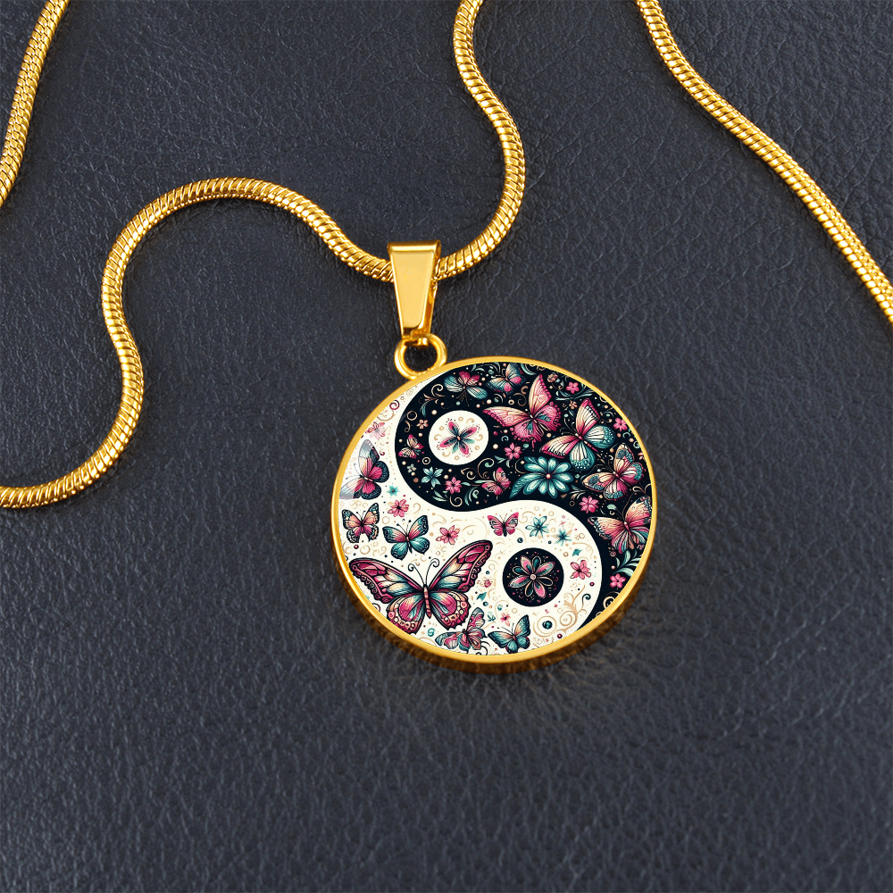 Pink Butterflies Yin Yang Luxury Graphic Circle Necklace