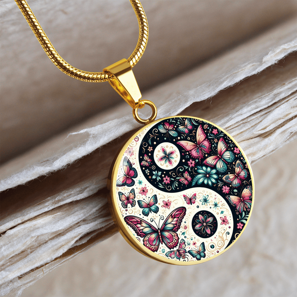 Pink Butterflies Yin Yang Luxury Graphic Circle Necklace