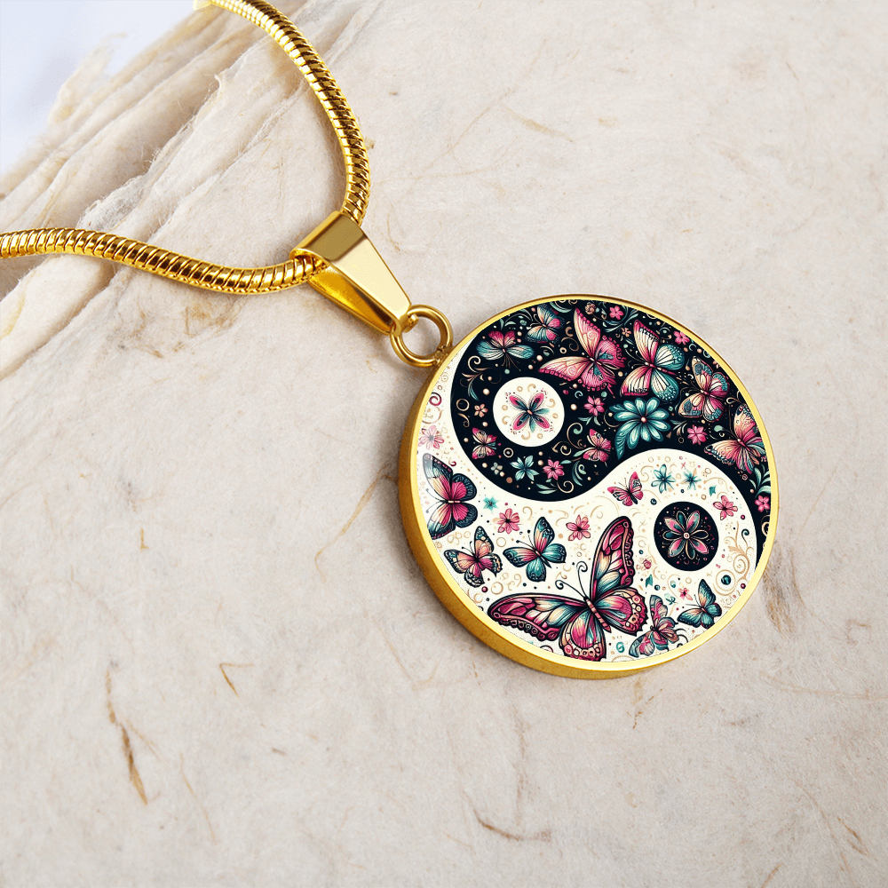 Pink Butterflies Yin Yang Luxury Graphic Circle Necklace
