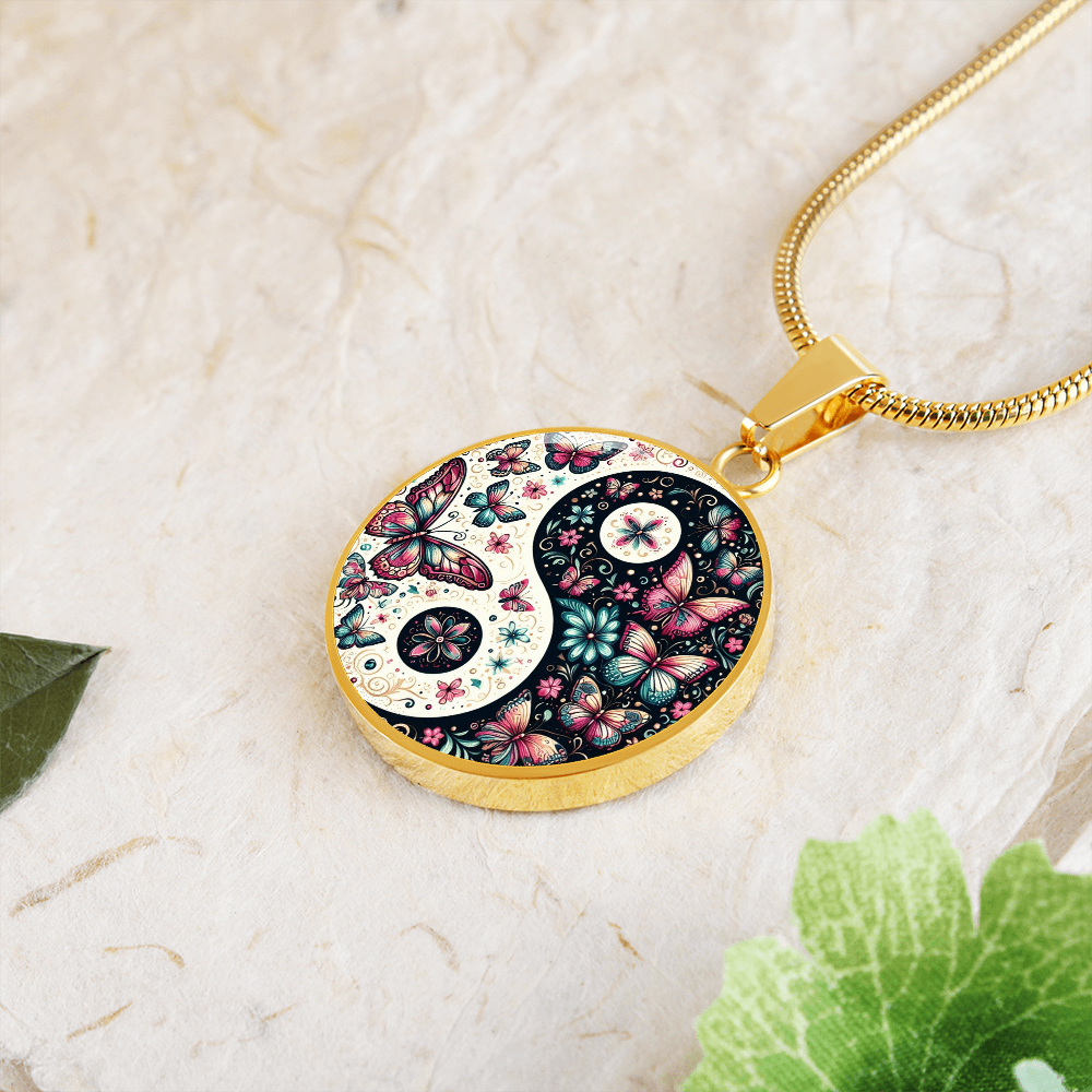 Pink Butterflies Yin Yang Luxury Graphic Circle Necklace