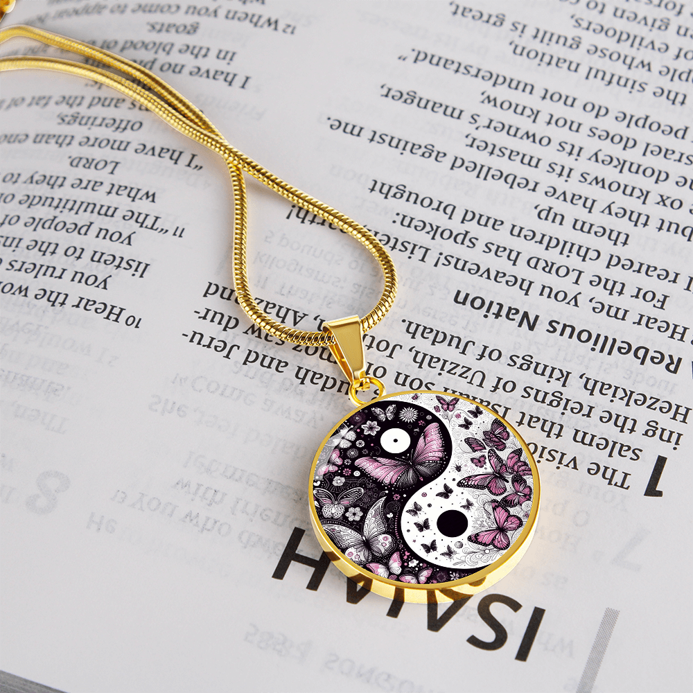 Yin Yang with violet butterflies Luxury Graphic Circle Necklace
