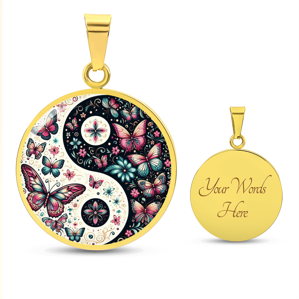 Pink Butterflies Yin Yang Luxury Graphic Circle Necklace