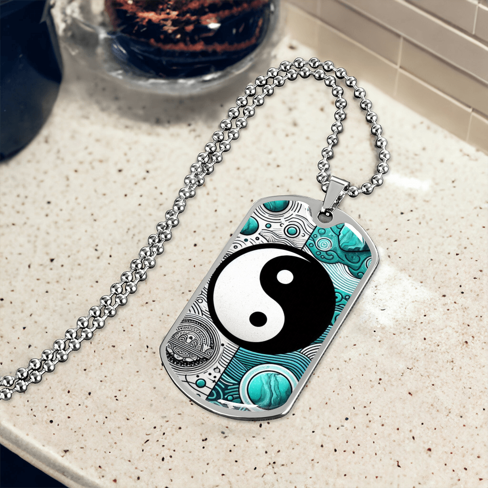 Turquoise Yin Yang Military Tag Necklace Spiritual Balance Pendant for Men Zen Style Jewelry Mindfulness Gift for Him Unique