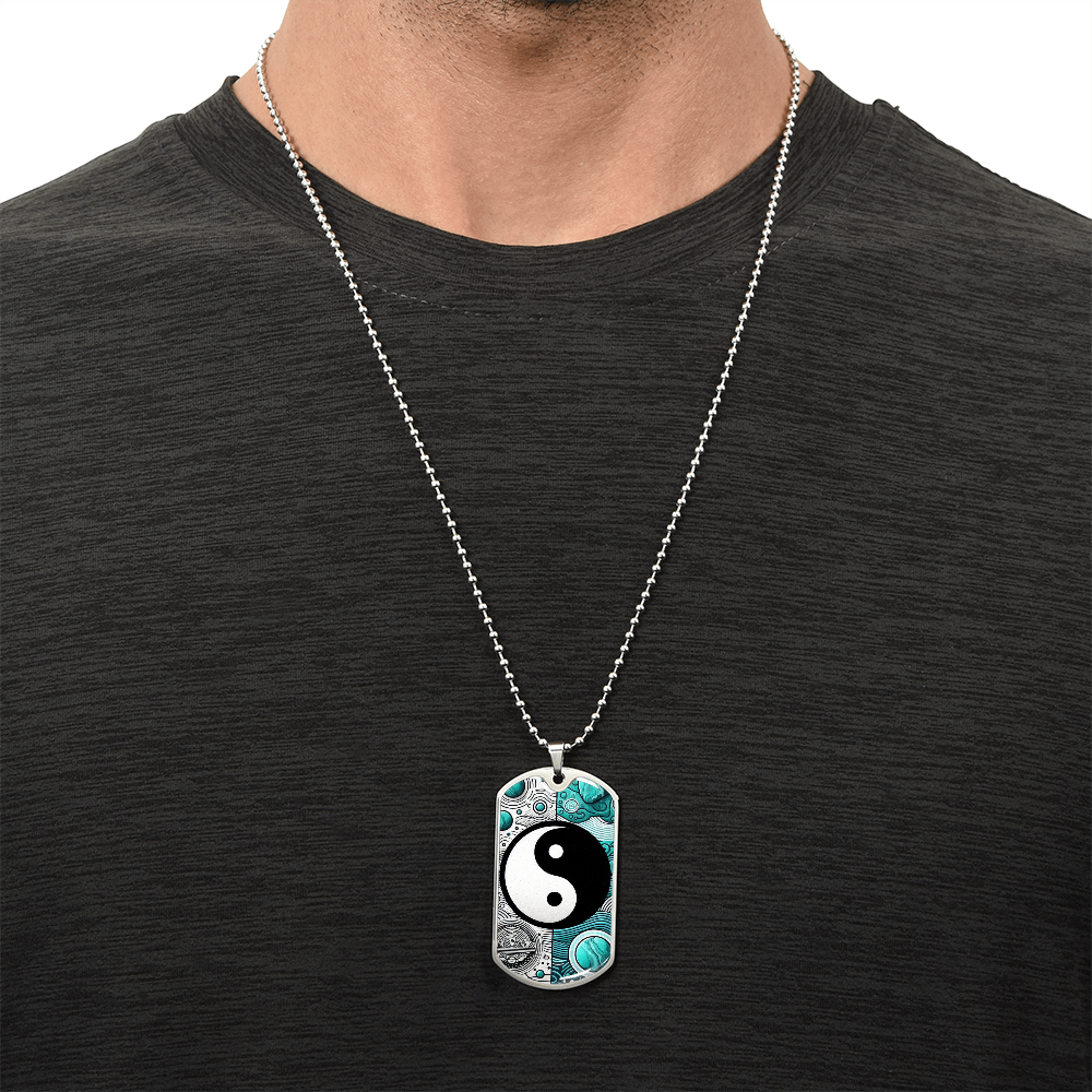 Turquoise Yin Yang Military Tag Necklace Spiritual Balance Pendant for Men Zen Style Jewelry Mindfulness Gift for Him Unique