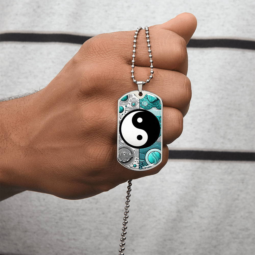 Turquoise Yin Yang Military Tag Necklace Spiritual Balance Pendant for Men Zen Style Jewelry Mindfulness Gift for Him Unique
