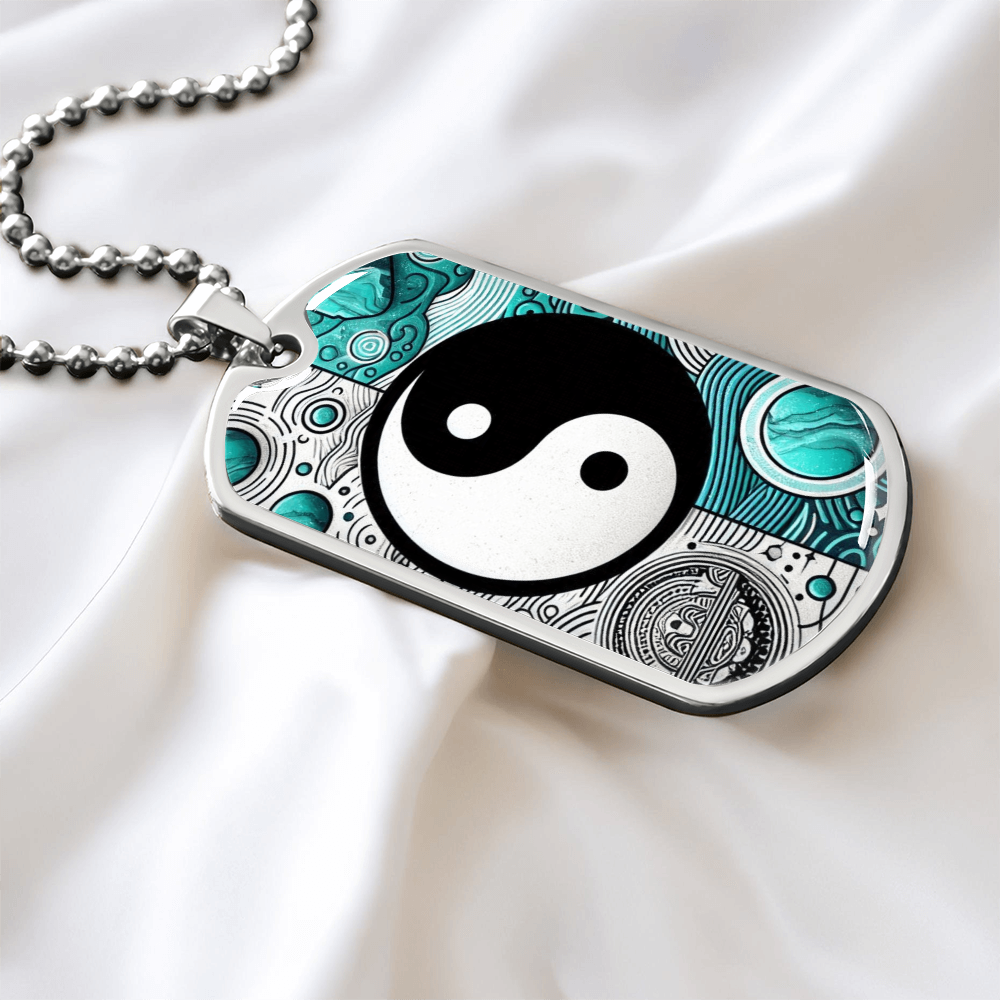 Turquoise Yin Yang Military Tag Necklace Spiritual Balance Pendant for Men Zen Style Jewelry Mindfulness Gift for Him Unique