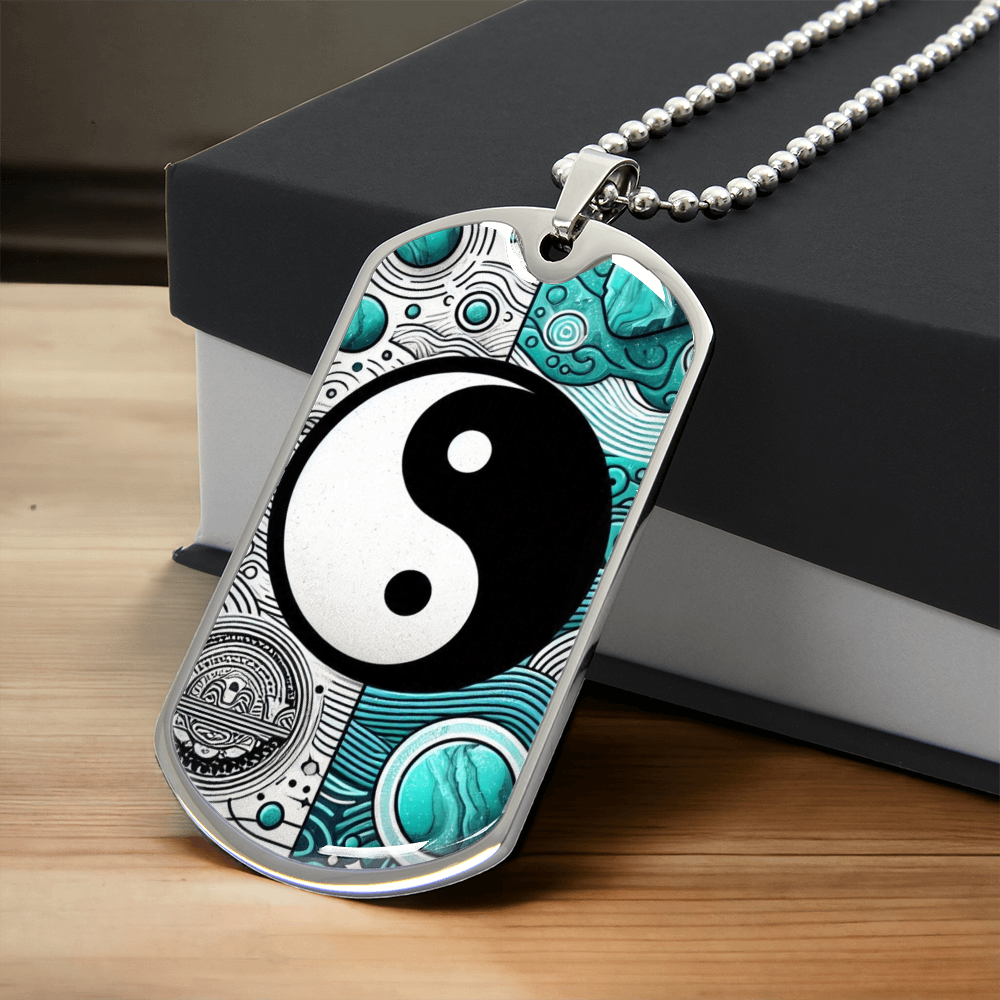 Turquoise Yin Yang Military Tag Necklace Spiritual Balance Pendant for Men Zen Style Jewelry Mindfulness Gift for Him Unique