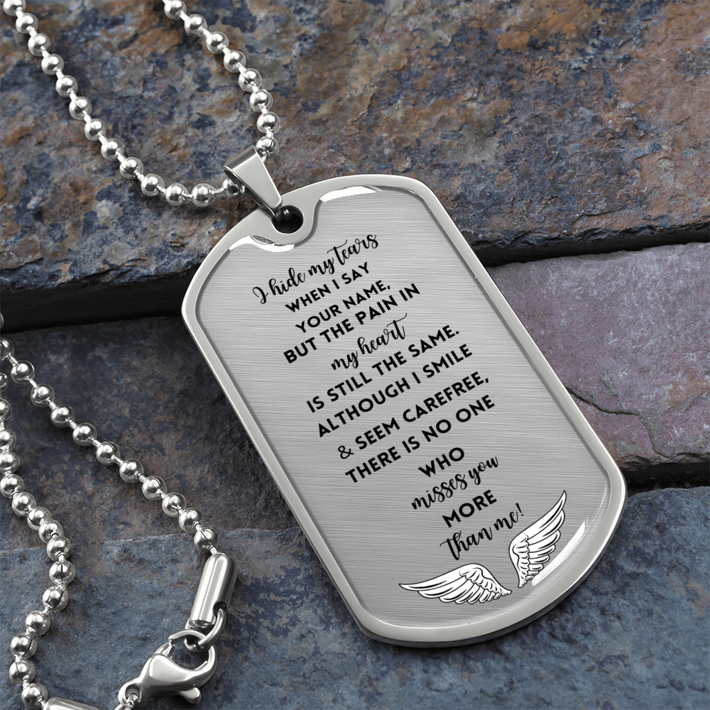Silver military dog tag necklace with engraved sentimental memorial poem and angel wings design.