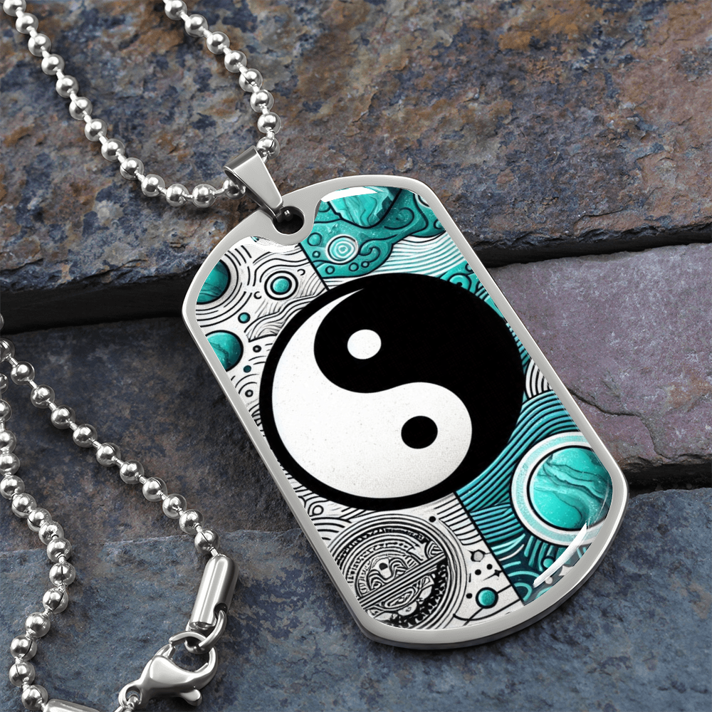Turquoise Yin Yang Military Tag Necklace Spiritual Balance Pendant for Men Zen Style Jewelry Mindfulness Gift for Him Unique