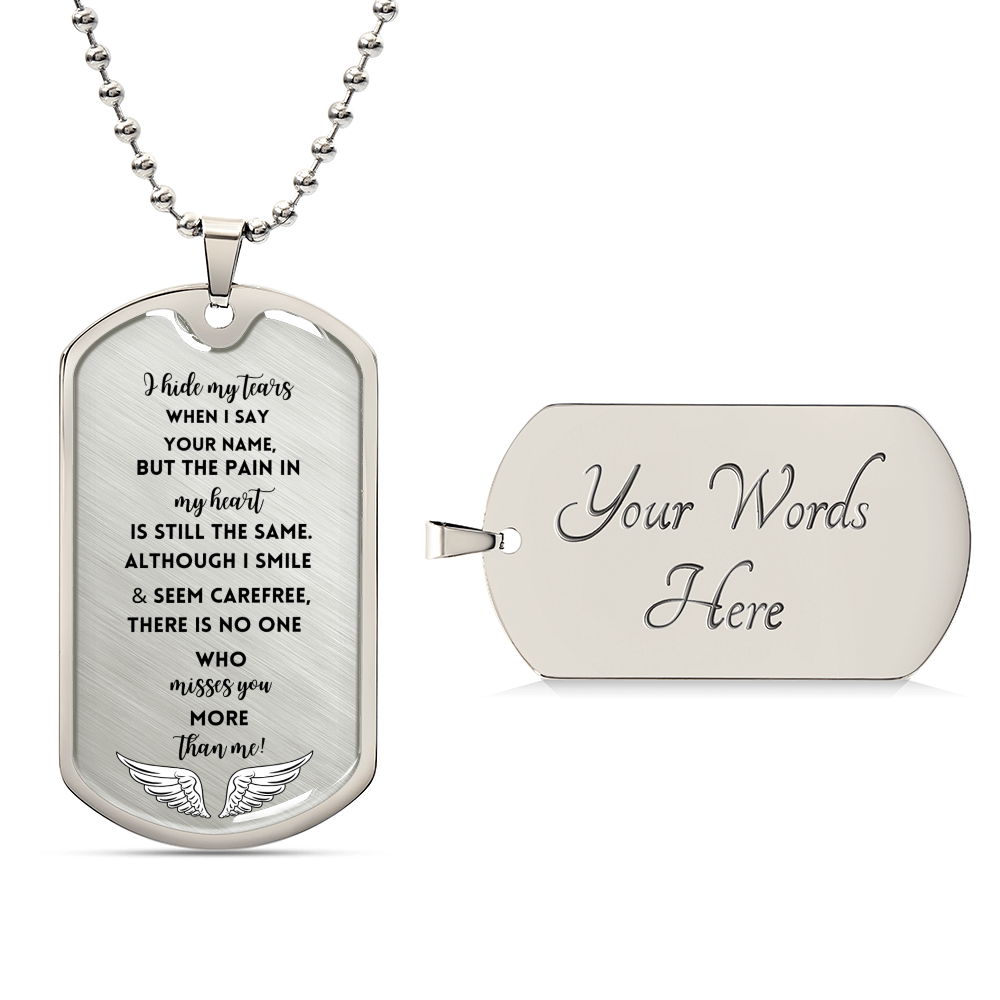 Silver memorial dog tag necklace with engraved touching sympathy message and optional custom text on back.